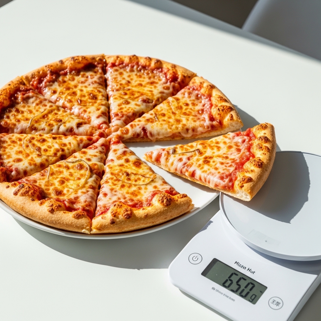Pizza Pizza Hut découpée en parts, balance culinaire 650g