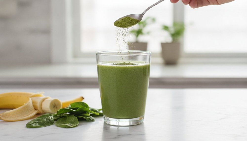 Poudre de moringa versée à la cuillère dans un smoothie vert