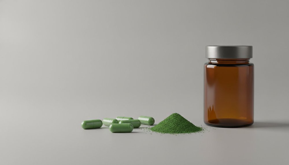 Gélules et poudre de moringa à côté d'un pot en verre ambré