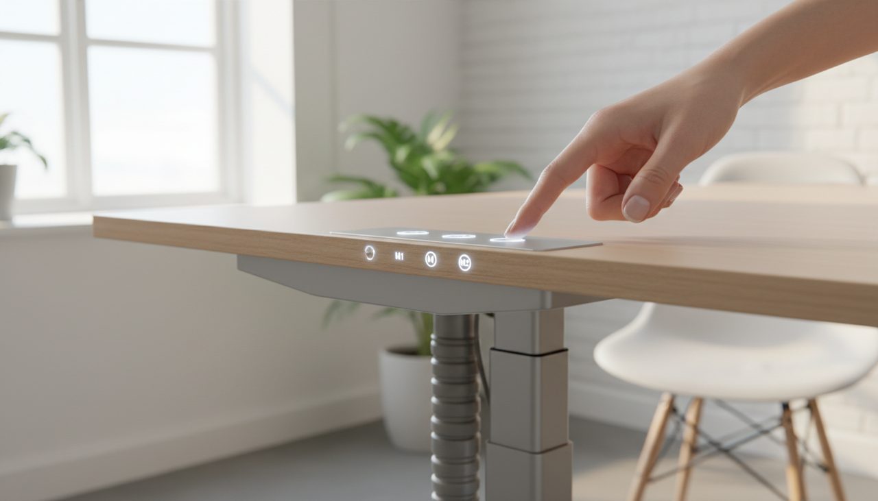 Panneau de commande tactile d'un bureau assis-debout électrique avec mémoire de position : 3 hauteurs pré-enregistrées rappelées en un clic.