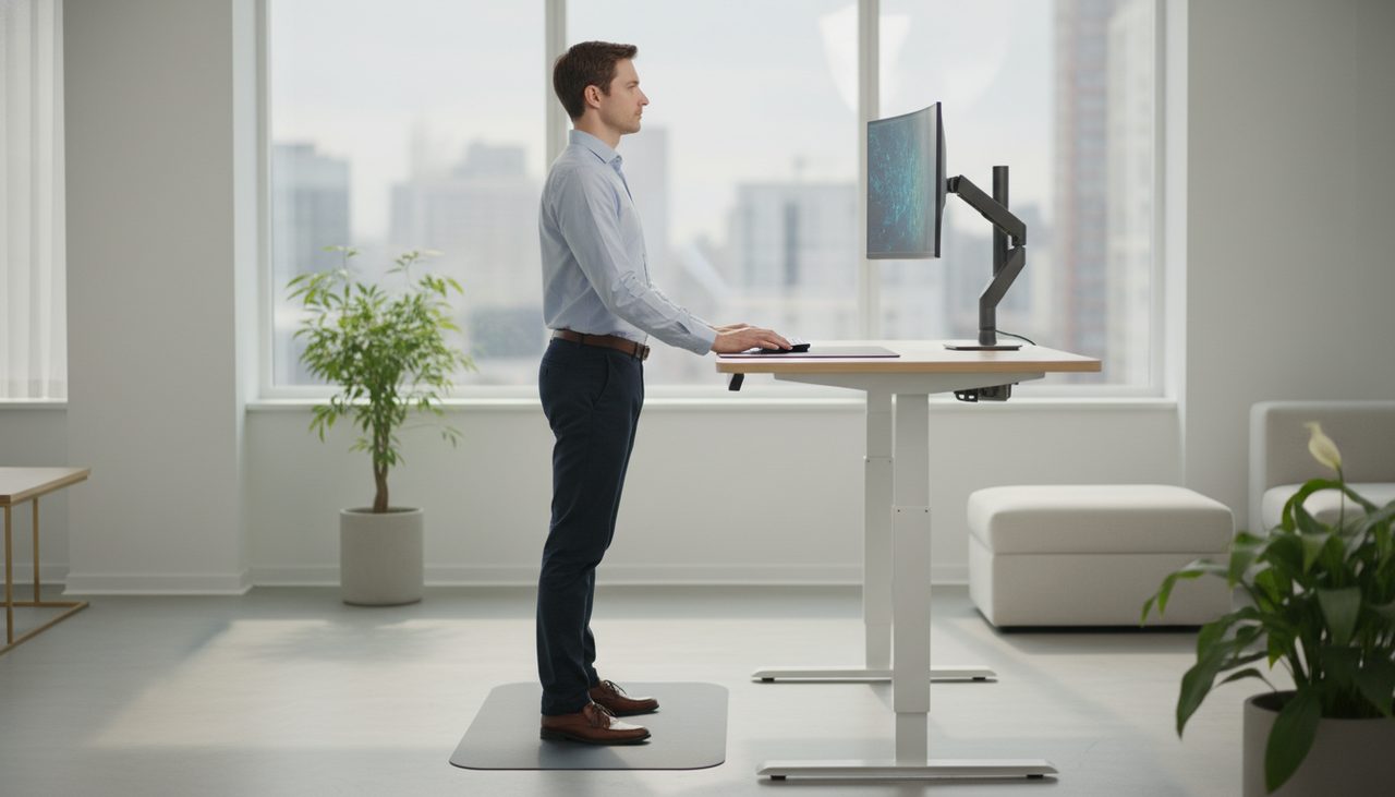 Posture ergonomique idéale debout à un bureau assis-debout électrique : coudes 90°, écran à hauteur des yeux, genoux légèrement fléchis.