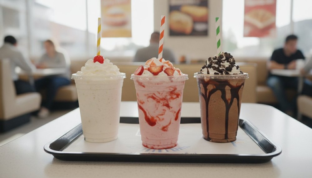 Milkshakes de fast-food vanille, fraise et chocolat avec chantilly pour comparer les calories