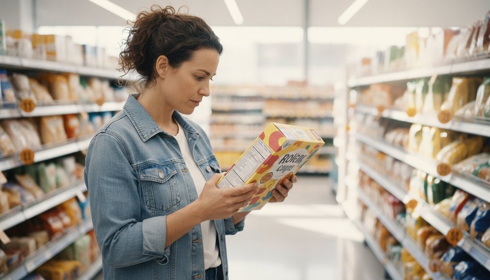 Lecture de l'étiquette nutritionnelle d'un produit sucré en supermarché