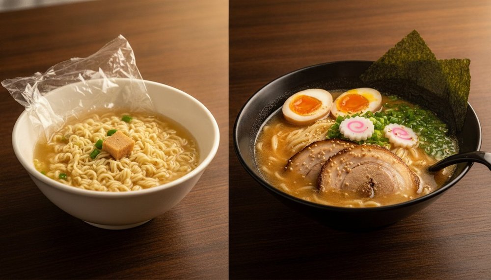 Comparaison entre un ramen instantané et un bol de ramen de restaurant