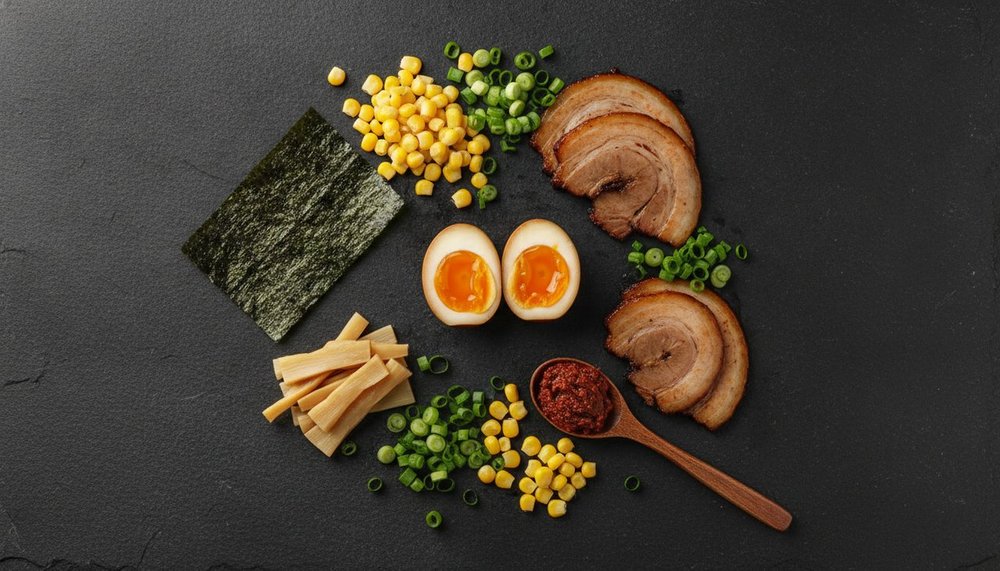 Garnitures de ramen : œuf mariné, chashu, nori, pousses de soja, maïs et miso