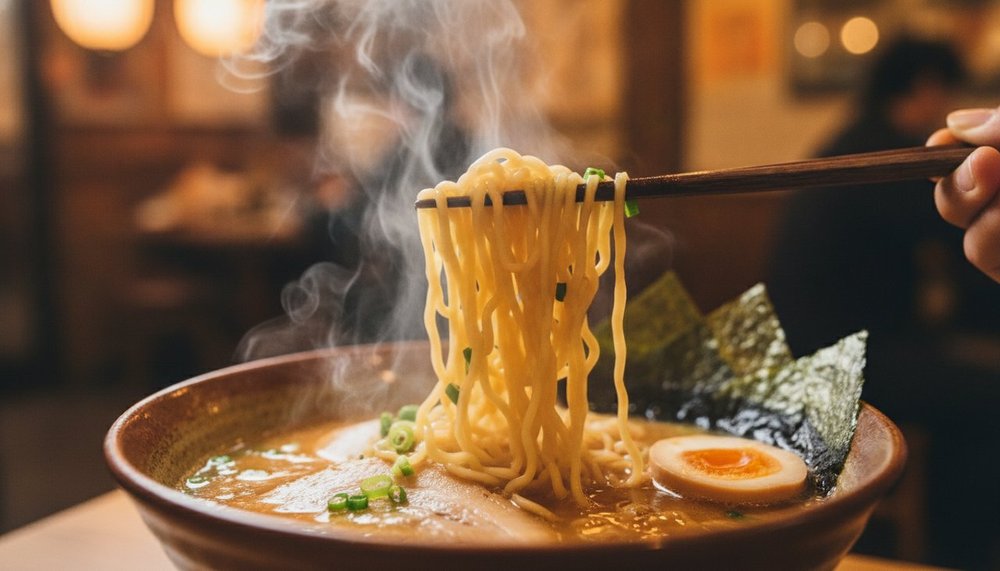 Baguettes soulevant des nouilles de ramen au-dessus d'un bol fumant