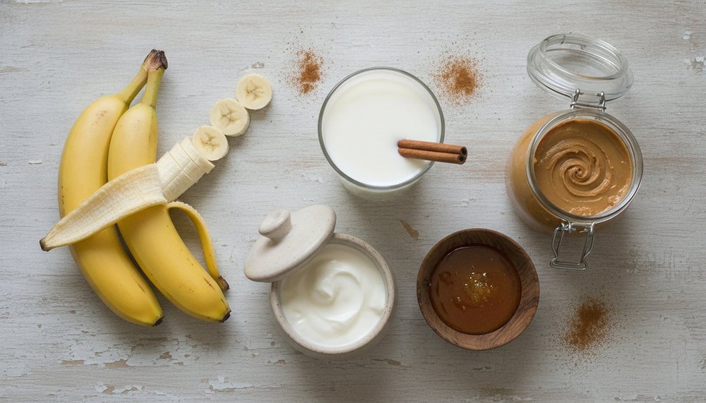 Ingrédients d'un smoothie banane : bananes, lait, yaourt, beurre de cacahuète et miel