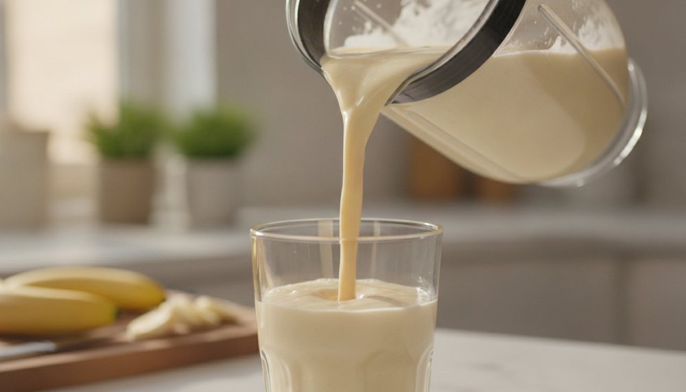 Smoothie banane versé depuis un blender dans un verre