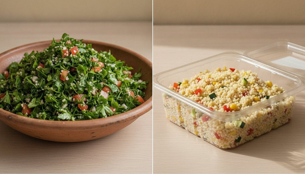 Taboule libanais au persil et menthe a cote d'un taboule francais a la semoule