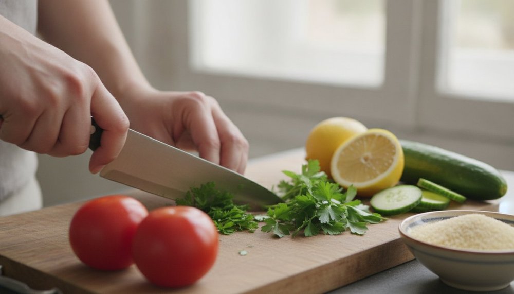 Preparation d'un taboule maison leger avec persil menthe tomates citron et semoule