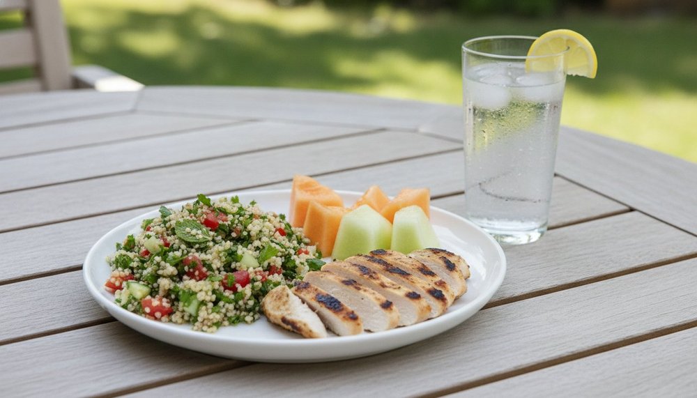 Assiette d'ete equilibree avec taboule maison, poulet grille et melon frais