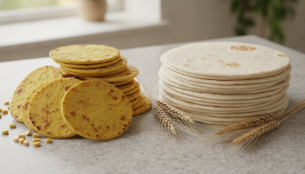 Tortillas de maïs et de blé empilées avec leurs ingrédients pour comparer les calories