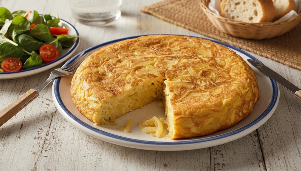 Tortilla espagnole aux pommes de terre coupée en parts avec salade verte