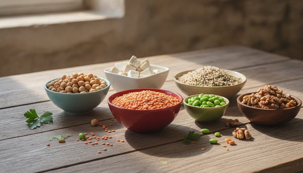 Sources de protéines végétales variées : lentilles, pois chiches, tofu, quinoa et oléagineux