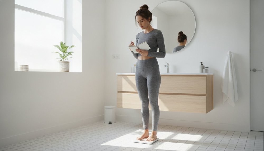 Personne consultant sa balance avec un carnet de suivi de poids