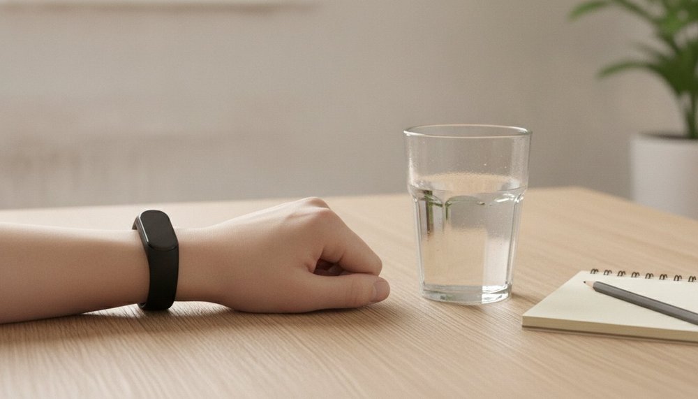 Bracelet connecté posé sur une table à côté d'un verre d'eau et d'un carnet