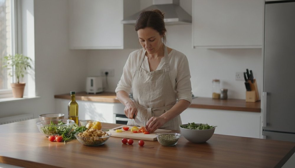 Préparation d'une salade de lentilles et tofu dans une cuisine moderne