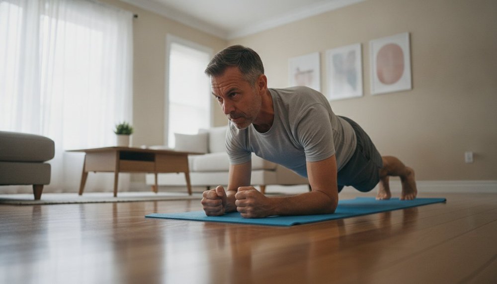Homme réalisant une planche abdominale sur un tapis dans son salon