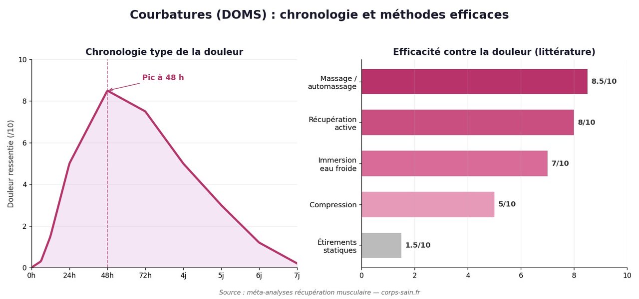 Infographie : chronologie des courbatures et efficacite des methodes de recuperation