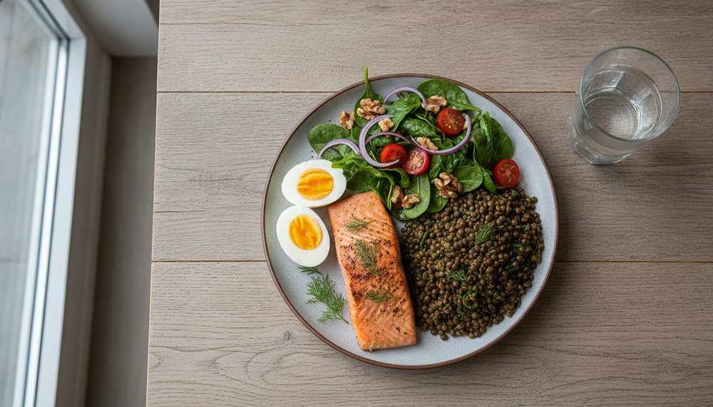 Assiette riche en protéines et oméga-3 pour la récupération musculaire