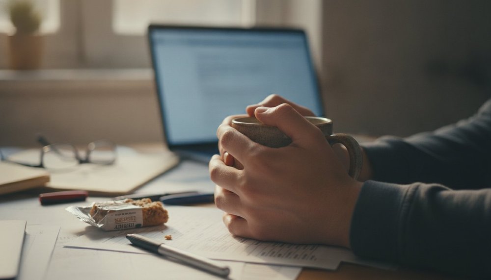 Mains crispées sur une tasse de café à un bureau encombré, illustration du stress au travail