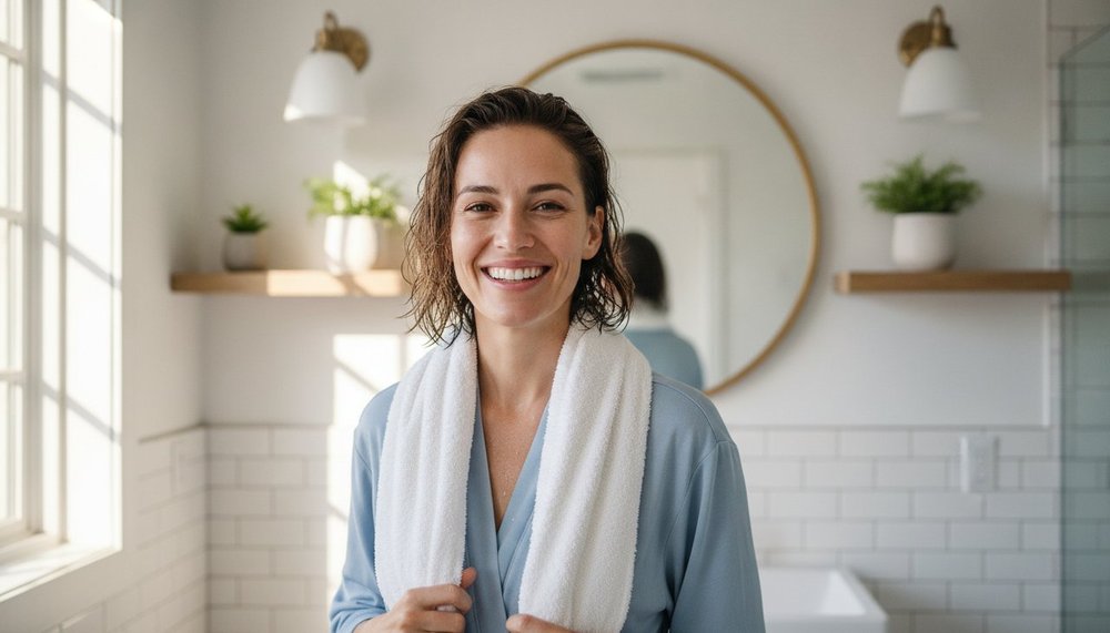 Femme souriante et energique apres une douche froide matinale, serviette autour du cou