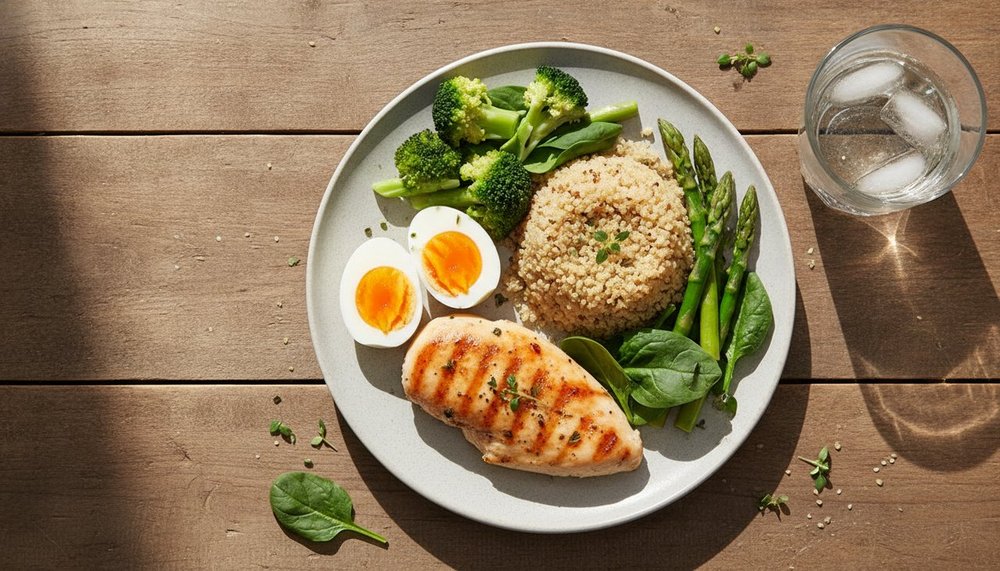Assiette équilibrée riche en protéines avec poulet, oeufs et légumes pour soutenir l'hypertrophie musculaire