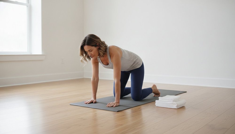 Femme réalisant un exercice de mobilité lombaire sur un tapis dans son salon pour soulager une lombalgie