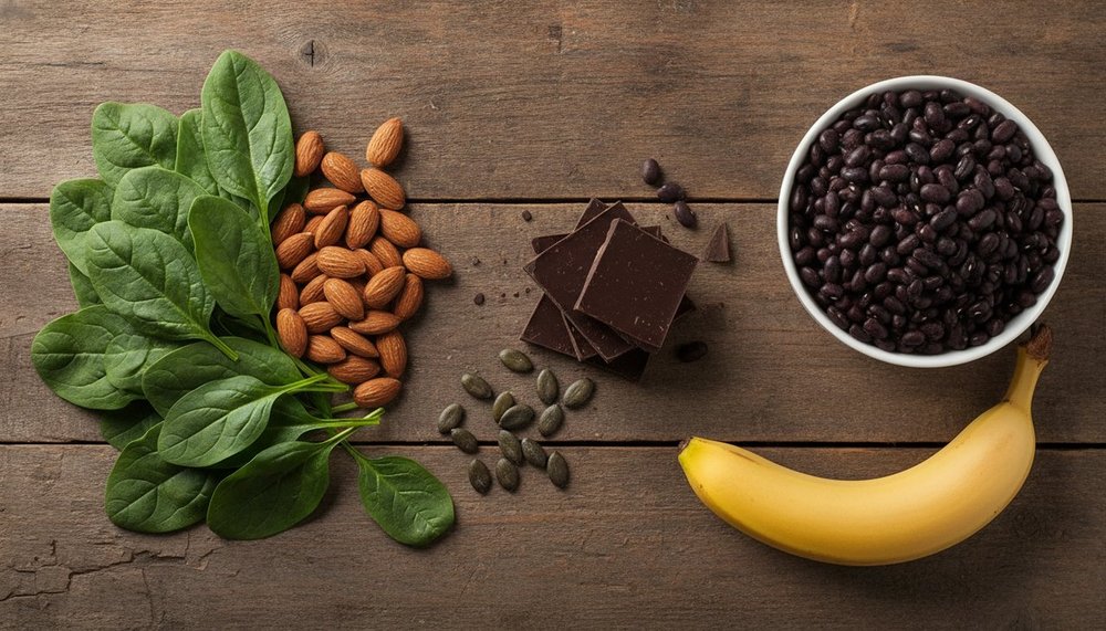 Aliments riches en magnésium : épinards, amandes, graines de courge, chocolat noir et légumineuses