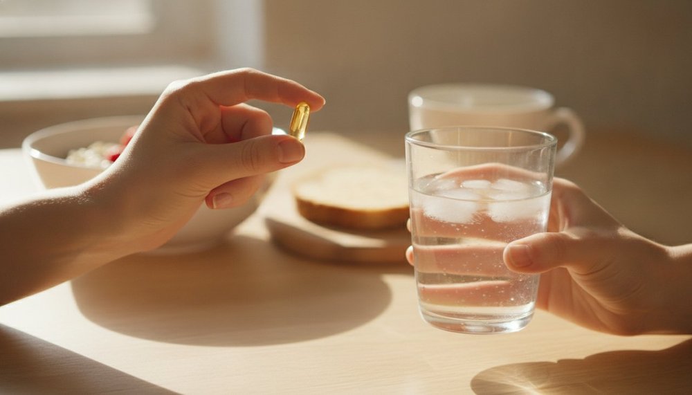 Prise d'une gélule de magnésium bisglycinate avec un verre d'eau au petit-déjeuner