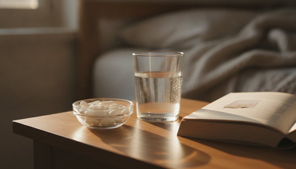 Gélules de magnésium sur une table de chevet avec un verre d'eau