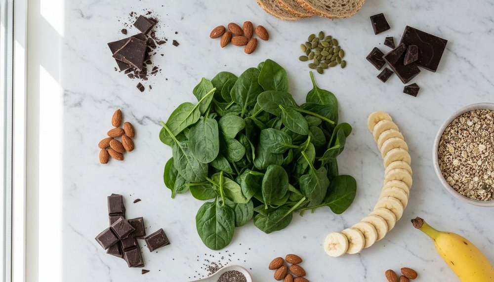 Aliments riches en magnésium : amandes, épinards, chocolat noir, graines de courge