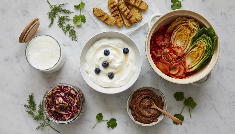 Aliments fermentés riches en probiotiques : yaourt, kéfir, choucroute, kimchi