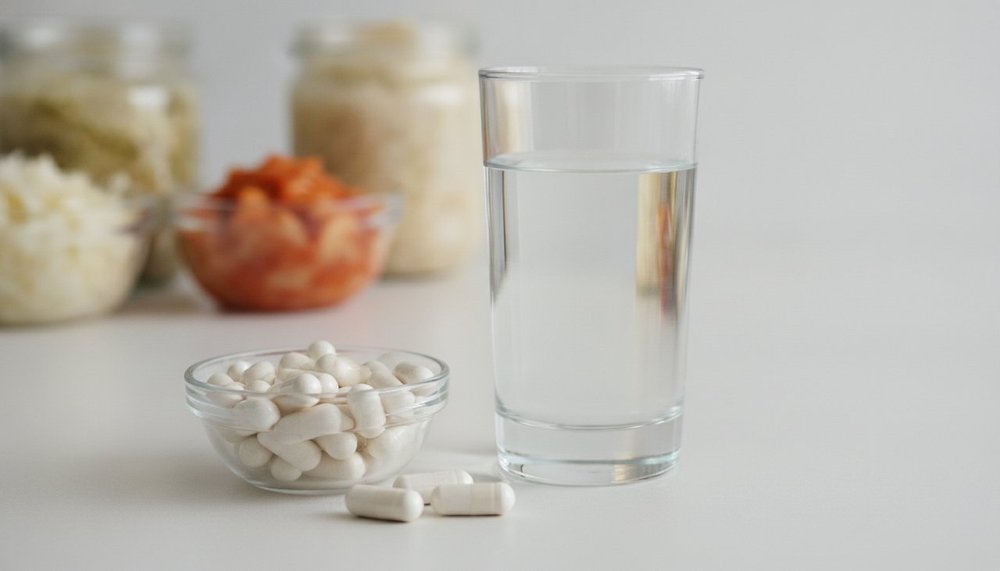 Gélules de probiotiques et verre d'eau posés sur une table avec des aliments fermentés