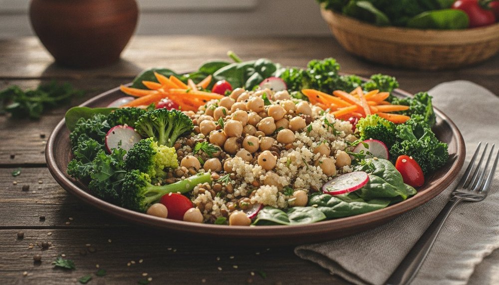 Assiette colorée de légumes variés, légumineuses et céréales complètes pour nourrir le microbiote