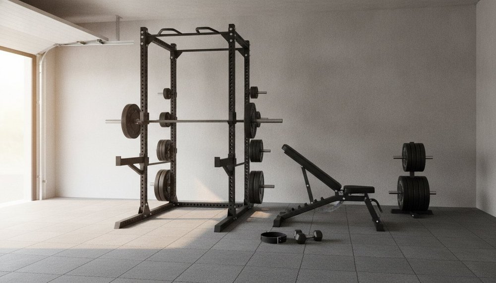 Home gym avec rack de musculation, barre et banc pour réaliser un programme PPL à domicile