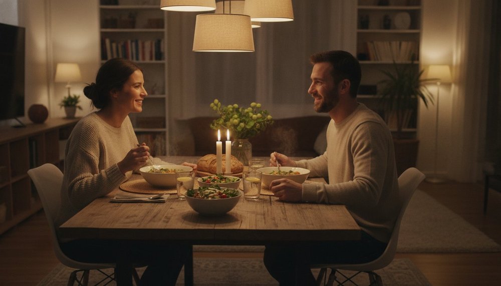 Table de dîner conviviale en début de soirée avec repas léger et équilibré