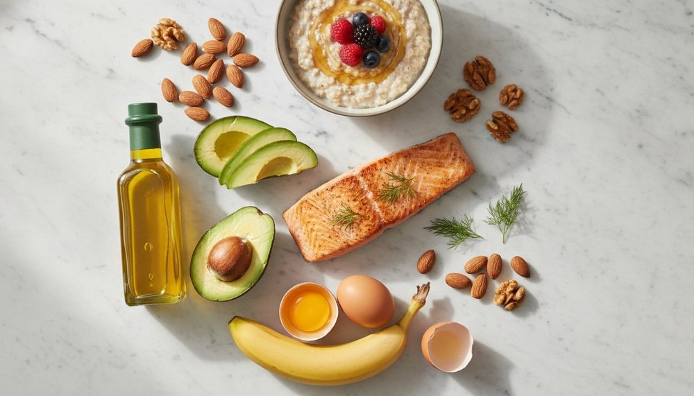 Aliments caloriques sains pour grossir : avocat, oléagineux, saumon, huile d'olive, flocons d'avoine