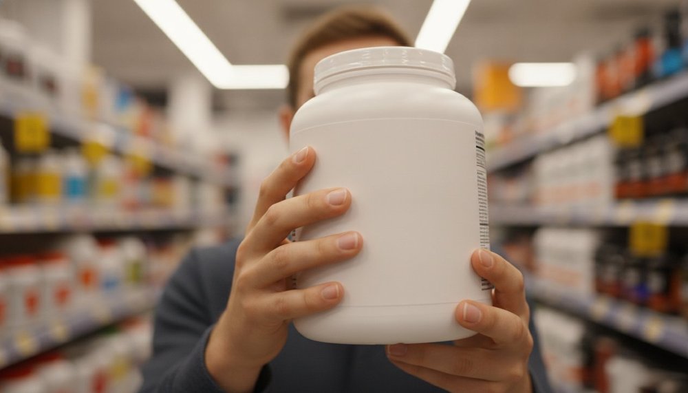 Lecture de l'étiquette d'un pot de protéine en magasin pour choisir sa whey
