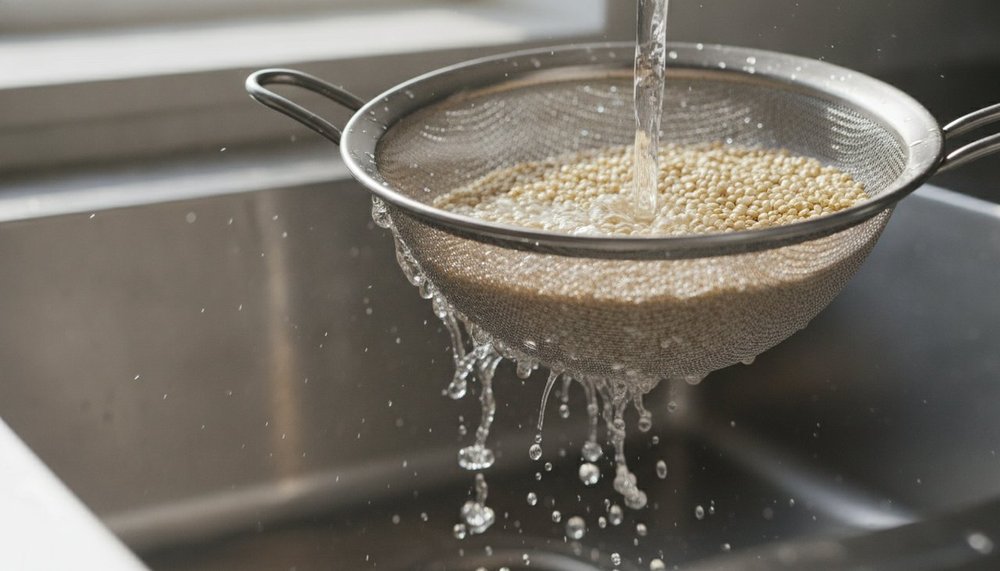 Rinçage du quinoa dans une passoire fine pour éliminer les saponines