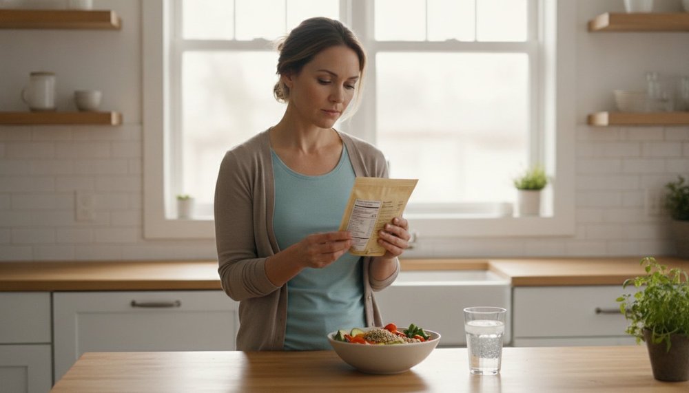 Femme lisant l'étiquette d'un paquet de quinoa dans sa cuisine