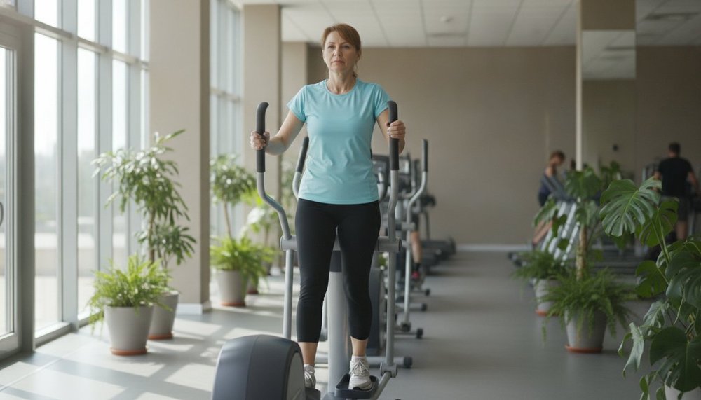 Femme utilisant un vélo elliptique dans une salle de sport lumineuse