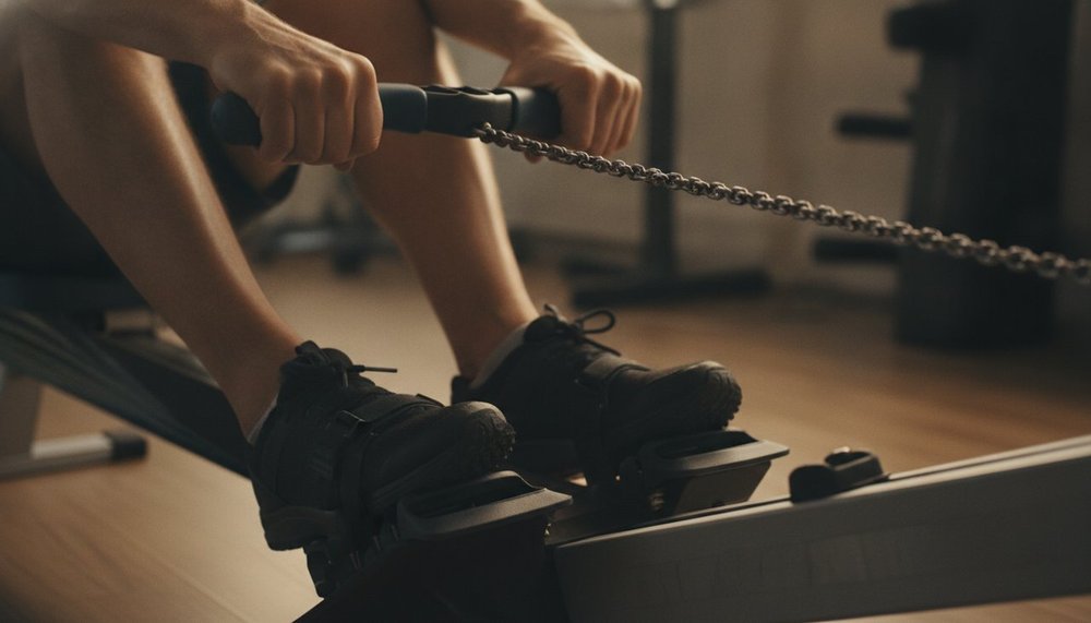 Détail des mains et des pieds sur un rameur pendant l'entraînement