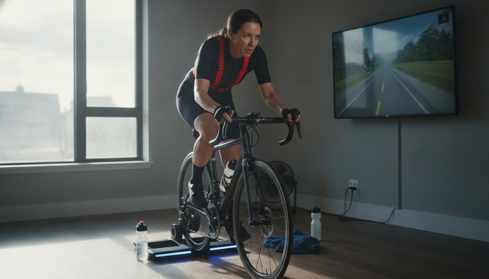 Cycliste réalisant une séance au seuil sur home-trainer avec ceinture cardiofréquencemètre