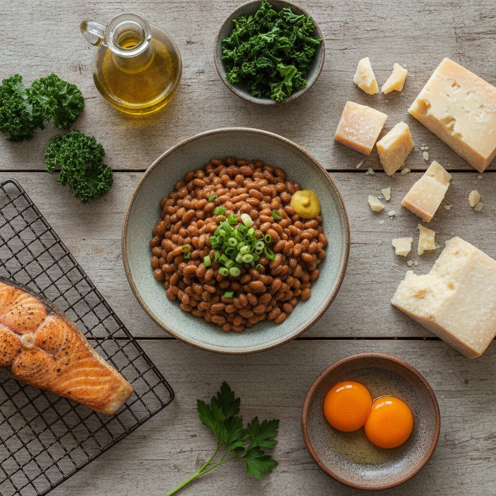 Aliments riches en vitamine K2 et D3 : natto fermenté, fromages affinés, jaunes d'œufs et poisson gras