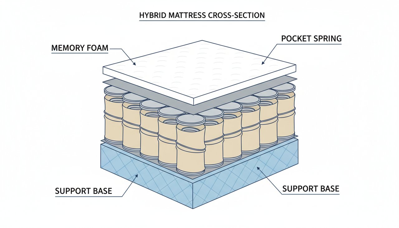 Coupe transversale d'un matelas hybride Mont Blanc montrant les couches de mémoire et ressorts